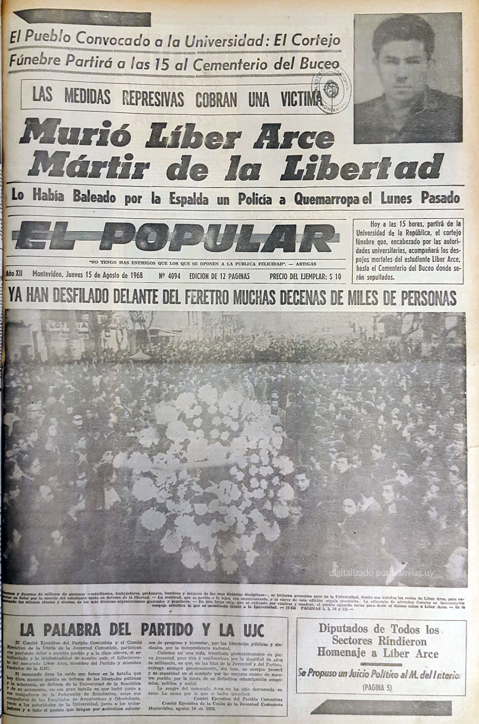 Diario El Popular del jueves 15 de agosto de 1968